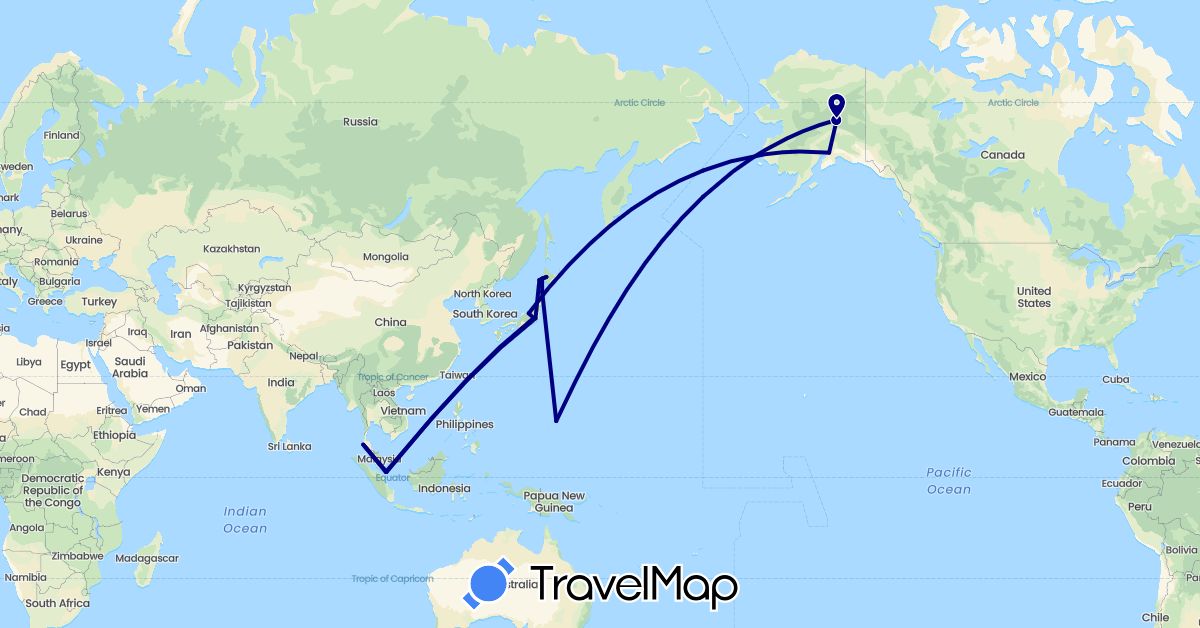 TravelMap itinerary: driving in Japan, Singapore, Thailand, United States (Asia, North America)