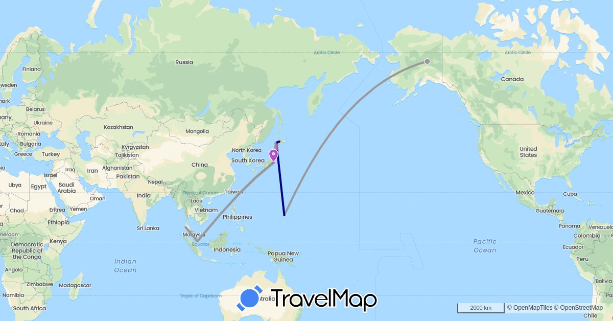TravelMap itinerary: driving, plane, train in Japan, Singapore, Thailand, United States (Asia, North America)